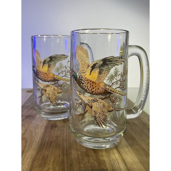 VTG Painted Glass 2 Beer Mugs Pheasant Grouse Hunting Game Birds MCM Man Cave - Picture 2 of 12